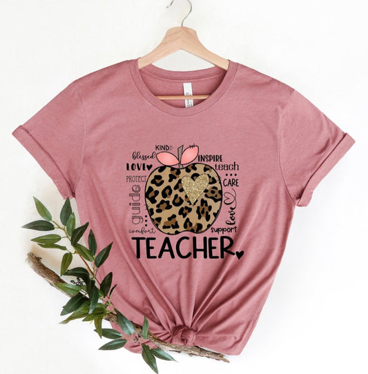 Teacher tshirt: leopard apple