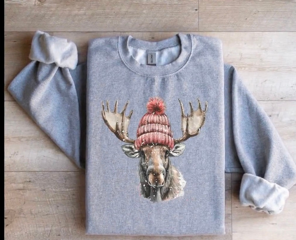 Moose Crewneck Sweatshirt: Moose in a Stocking Cap!