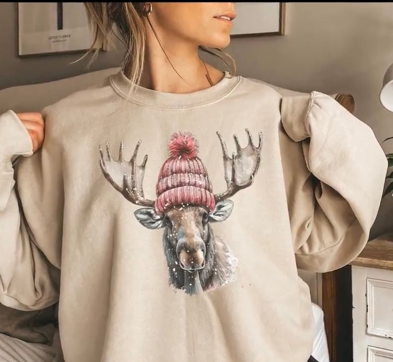 Moose Crewneck Sweatshirt: Moose in a Stocking Cap!