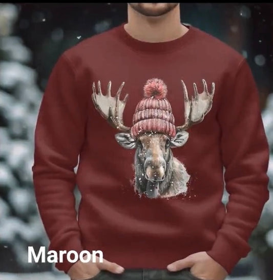 Moose Crewneck Sweatshirt: Moose in a Stocking Cap!